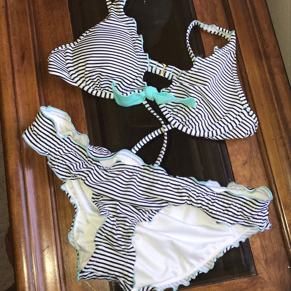 Victoria’s Secret b/w striped bikini w/aqua detail